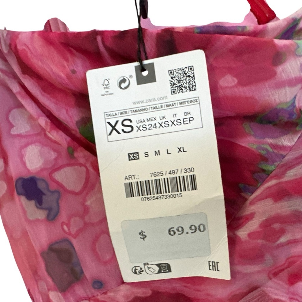 Zara Womens Asymmetrical Ruffled Printed Midi Dress XS Pink Lined One Shoulder - Picture 9 of 10